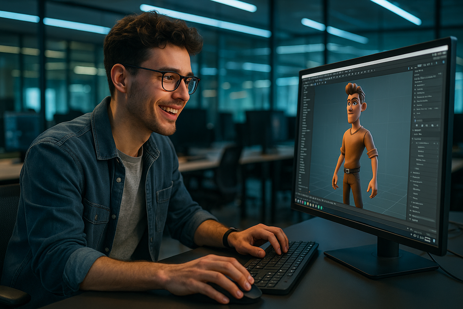Student creating a 3D character on a workstation