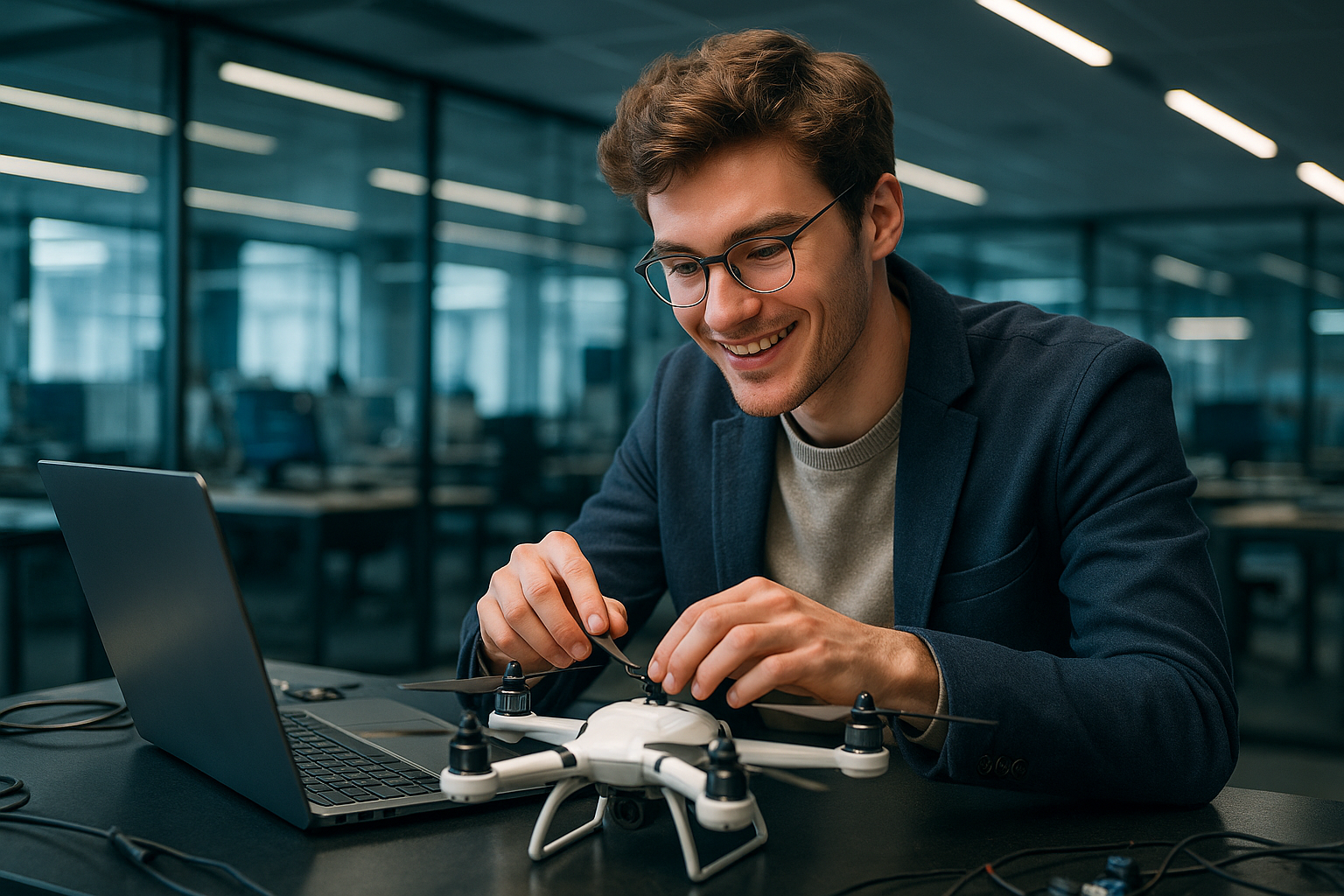 Student working on a quadcopter drone in a lab